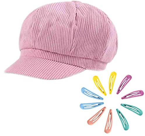 B-HOT Damen Newsboy Cap Baker Boy Ladies Cord, Flatcap Visor Cabbie Baskenmütze Schirmmütze mit 10 Haarspangen, rose, Einheitsgröße