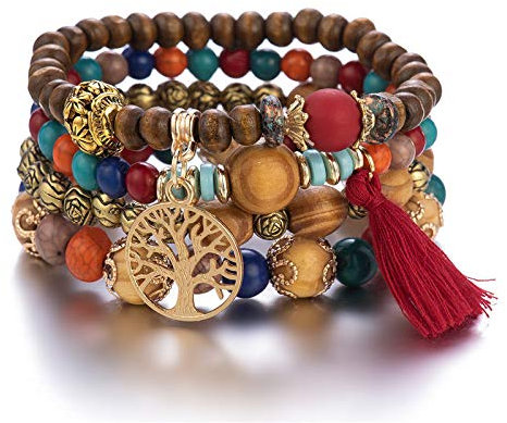 Yean Boho-Armbänder, 4 Stück, Holzperlen, Damen-Armband, Quaste, Lebensbaum, Charm, Statement-Armreifen (farbig)