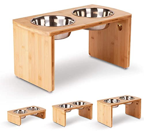 Cuencos elevados para perros, comederos de bambú para perros grandes y medianos con 2 cuencos de acero inoxidable (cuenco de 10 pulgadas de alto a 48 onzas)