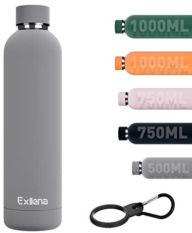 Exllena Insulated Water Bottles 1l with Clip, Double Wall Vacuum Drinks Bottle Keeps Drinks Cold 24 Hrs/Hot 12 Hrs, Stainless Steel Water Bottle BPA Free(Grey)