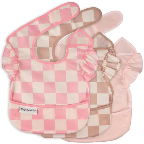 Tiny Twinkle Schmutzfeste Baby-Lätzchen zum Essen – Wasserdichte, Abwischbare Kleinkind-Lätzchen – Reisefreundlich – Frei von PFAS, PVC, BPA und Phthalaten – (3 Pack, Kariert Mädchen)