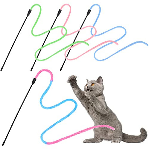Cobee Cat Zauberstab Regenbogenspielzeug,4pcs Ribbon Zauberstab für Kitten Training Farbverlaufs Rainbow Katzenfeder Spielzeug