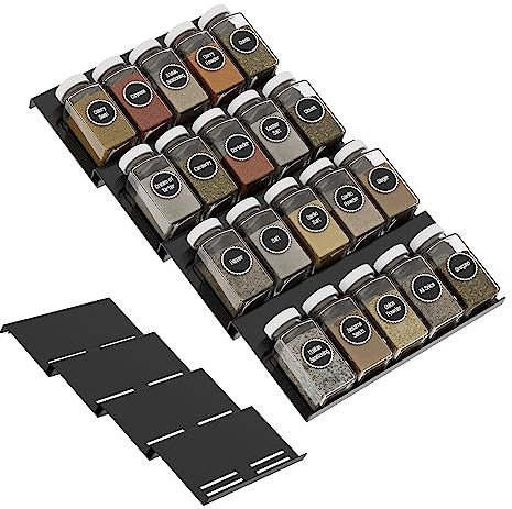 Gewürzhalter Schublade, Verstellbar Erweiterbar 4 Ebenen Gewürzregal Organizer von 15cm bis 30cm, Gewürze Aufbewahrung Frei Kombinierbare Gewürzregale für verschiedene Schubladen Schwarz