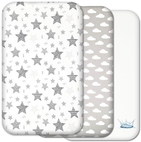 Next to Me Crib Sheets - 3pc Crib Fitted Sheet Set - 2 Fitted Cotton Sheets and 1 Waterproof Mattress Protector for Bedside Cribs - 100% Organic Cotton - Made in Europe (Grey Stars&Clouds, 83x50cm)