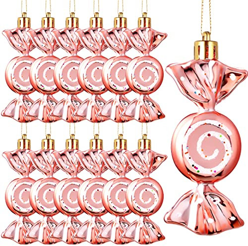 Threan 12 Pieces Christmas Candy Ornaments Hanging Glitter Candy Cane Decoration Christmas Tree Peppermint Ornaments with Golden Ropes for Xmas Halloween Party Decorations (Rose Gold)