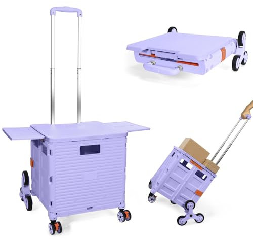 Faltbarer Einkaufstrolley, Zusammenklappbarer Tragbarer Nutzwagen mit Treppensteig-Rädern, Kompakte Tragetasche mit Magnetischem Deckel, Rollende Kiste mit Ausziehbarem Griff, Robuster 80 kg-Lila
