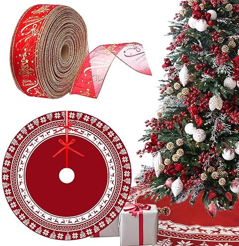 Biluer Gonna per albero di Natale,120cm Tappeto Albero di Natale Copertura Base per Albero di Natale Alce Circolare With 1PCS Nastri di Natale per Decorazioni Natalizie per Feste di Natale