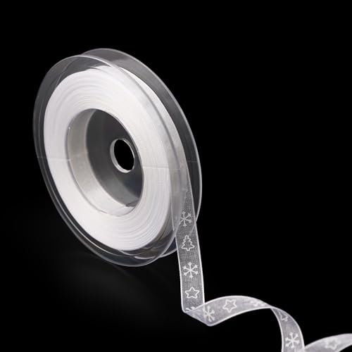 Weihnachtsband, 20 m x 1 cm Schneeflockenband Frohe Weihnachten Satinband Drahtband zum Basteln Geschenkverpackungen Weihnachtsdekoration(Weiß)