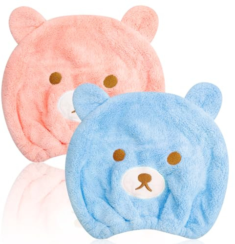GLADFRESIT 2Pcs Ultra Absorbent Bath Caps, Cute Bear Hair Drying Wrap Towel for Kids, Velvet Quick Dry Head Towel Cap for Girls Shower Spa (Pink, Blue)