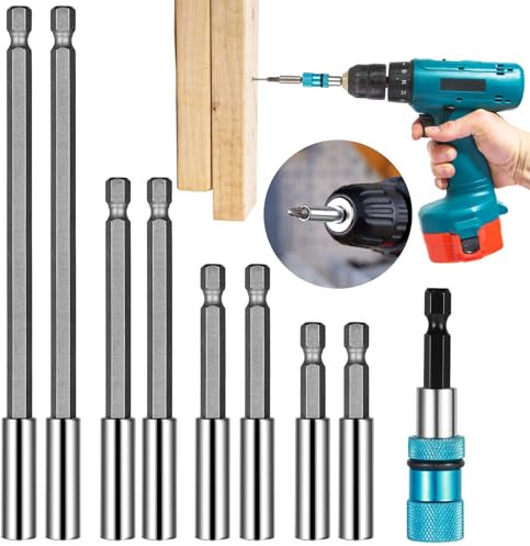 Prebarfun 9 Stück Bithalter Magnetisch, 2 Typen Bit Verlängerung Lang, 1/4 Zoll Verlängerung Bit Halter, Trockenbau Bit Bithalter, für Akkuschrauber Manuelle Schraubendreher (150/100/75/66/60mm)