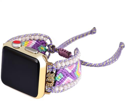 Retro Boho Braided Nylon Band Compatible with Apple Watch 40mm 41mm 38mm, Friendship Bracelet Handmade Woven Bohemian Beaded Western Dressy Strap for iWatch Series10/9/8/SE/Ultra/7/6/5/4/3/2/1 (Lilac