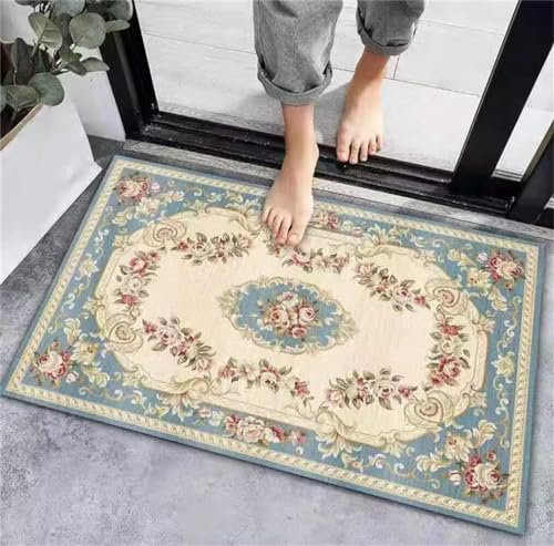 DJHWWD Teppich Günstig nach maß Waschbarer Schlafzimmerteppich im Vintage-Stil mit Blumenmuster 100x200CM Blau klein