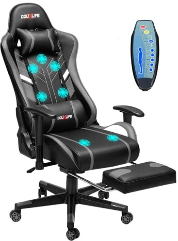 Douxlife 7-Point Massage Gaming Chair, 175° Gaming Recliner with Footrest Ergonomic Computer Gaming Office Chair High Back Video Game Chair with Lumbar Support, Upgraded Version Grey