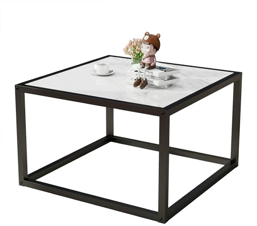 ARFARLY Quadratischer Couchtisch für Wohnzimmer,Tee Kaffee Einfacher Mitteltisch Moderner Beistelltisch mit Holzplatte und stabilem Metallrahmen,Einfache Montage (Black-White)
