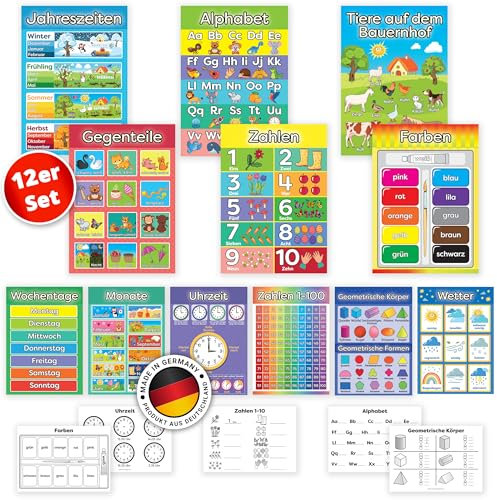 LOGIJO® 12 X pädagogische Montessori Lernposter, Set A4 mit Übungsblättern, Premium Poster Papier seidenmatt, Lerngrundlagen 1 - Alphabet, ABC, Zahlen lernen, Lernhilfe für Kinder zur Einschulung