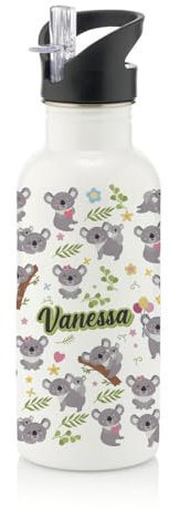 Personalised Koala Animal Pattern, Back to School Gift, Gift For Kids, Stainless Steel 600ml Water Bottle with Straw. (White)
