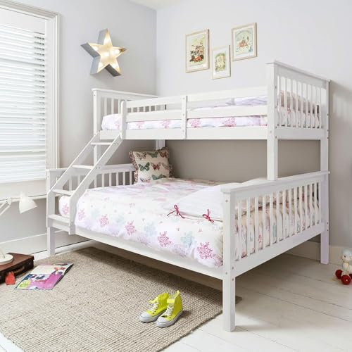 Triple Bunk Bed, 4ft6 Double & 3ft Single Wooden Bunk Beds With Ladder Triple Sleeper Kids Bunk Bed, Solid Pine Wood Frame Children Single Double Bed Frame (white, can split in to 2 beds)