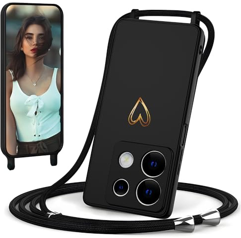 IBETEK Coque avec Cordon pour Xiaomi 14T, Coque de Cellulaire Corde Silicone Étui en Motif Coeur avec Réglable Collier Téléphone Chaîne Lanyard Case Housse pour Xiaomi 14T, Noir