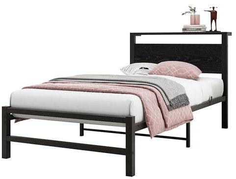 VERFARM Metallbett Bettrahmen mit Holz Lagerung Kopfteil, Bettgestelle mit Lattenrost für Schlafzimmer Gästezimmer, Einfache Montage, Rauschfrei, Schwarz, 90 x 200 cm