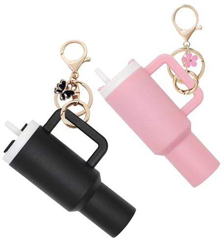 TOS Mini Tumbler Keychain Set of 2, Mini Cup Keychain for School Bag or Lip Balm, Black-pink, Standard