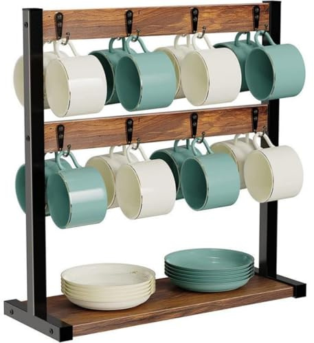 MEETOZ Wooden Coffee Mug Holder,3 Tier Mug Tree Holder Rack,with Dish Storage Shelf and 16 Double Sided Metal Hooks,for Kitchen and Coffee Station