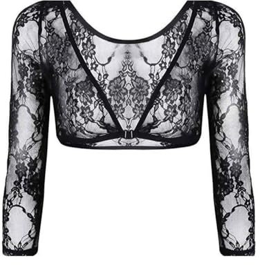 EMOTTOS Femmes Dentelle Boléro, Gilet Court Ouvert à Col en V sur Le Devant, Léger Boléro en Maille, Transparente Top avec Fermeture à Crochet, Boléro Floral Sortir Fête pour Robe, Noir, M
