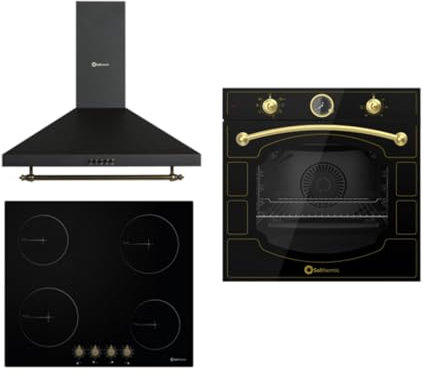 SOLTHERMIC PACK 3 EN 1 NEGRO RUSTICO PLACA VITROCERÁMICA 4 FUEGOS PVTC60 59x52cm / 9 niveles de potencia/Botones + CAMPANA DECORATIVA 60 CM hasta 400m3 + HORNO EXTRA AMPLIO 78L TURBO