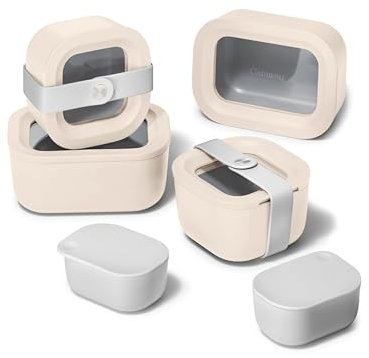 Caraway Mini Food Storage 11pc Set - Glass Storage Containers for Food - Non-Toxic Ceramic-Coated Glass - Air Release Technology - Compact & Stackable Design - Cream