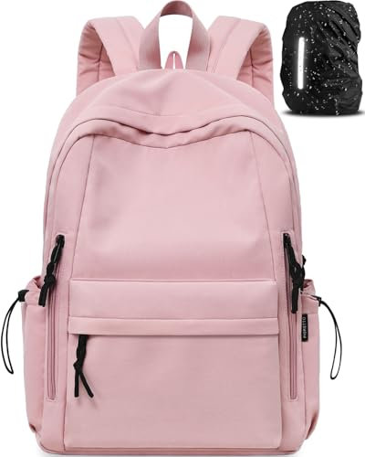 FIORETTO Backpack Womens School Bag Girls Boys, Lightweight Water-Resistant Fits 15.6” Laptop Large Capacity Rucksack with Rain Cover, Ideal for School College Commuting Travel Pink