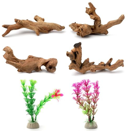 Lot de 6 petits bois flottés naturels et simulées pour aquarium, bois flotté naturel et branches, décoration de branches pour bassin de reptiles, terrarium (10-15 cm)