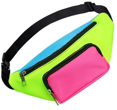 Bauchtasche 80er Jahre Damen – Bunte Neon Gürteltasche mit 2 Taschen, Retro Hüfttasche Verstellbar, Leichte wasserdichte Tasche für 90er Party & Festival