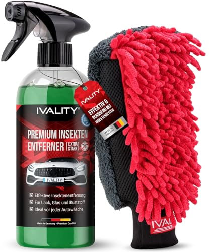 IVALITY® Insektenentferner für Auto 750ml – Sicher und effektiv gegen hartnäckige Insektenrückstände – Insektenreiniger für Auto, Wohnmobil und Motorrad – Flugrostentferner mit Waschhandschuh