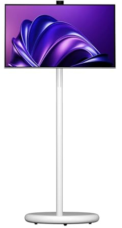 GERAZAHO Smart TV portatile da 27 pollici, monitor TV touch screen mobile, fotocamera da 13 megapixel, 6 GB di RAM + 128 GB di ROM, rotazione multi-angolo, con ruote universali a 360° White