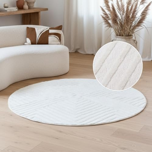 TAPISO Hygge Rund Teppich Kurzflor Creme Weiß Rauten Viereck Kreise 3D Effekt Teppich für Wohnzimmer Wohnzimmerteppich Schlafzimmer Flur Moderner Design ÖKOTEX 240 x 240 cm