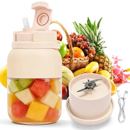 Portable Mixer & Smoothie Maker, 1200 ml USB Rechargeable Blender with Leak-proof Lid and Drinking Spout, Fresh Juice Mixer Bottle for Home, Office, Outdoor (Beige)