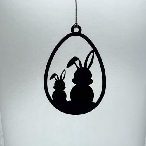 Osteraufhänger aus Holz, Schwarz Lackiert, Osterhase mit Blumen Design, Tür und Fenster Dekoration, Rund, Osterdeko modern (Motiv 5)