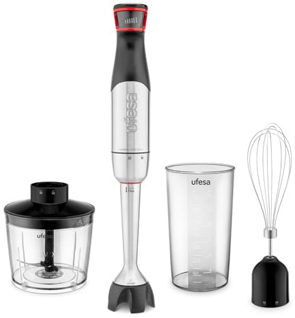 Ufesa Satellite Max, Stabmixer 1500W, BladeFlex-Technologie, 4 Klingen, Einstellbare Geschwindigkeit, TouchSpeed, Spritzschutz, 3-in-1 Set mit Zerkleinerer, Emulgierbesen und 700-ml-Becher
