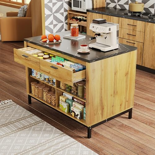 TIZZ Isla de cocina de estilo rústico, 120 × 75 × 90 cm, con 2 cajones y 4 estantes abiertos, grano de madera de roble, encimera de mármol negro, estructura de metal, parte trasera con zona de bar