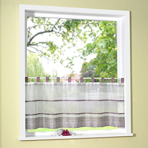 Fashion&Joy - Scheibengardine mit Schlaufen in aubergine HxB 50x140 cm - Querstreifen marmorisiert auf Organza Bistrogardine Panneaux Gardine Typ411