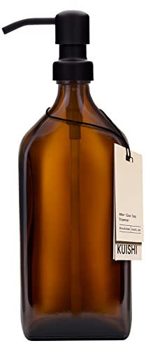 Distributeur De Savon en Verre Kuishi 500 ML-Tête de Pression Noire - Buse remplaçable en Acier Inoxydable - Verre ambré recyclé - Écologique - Polyvalent - Élégant - Décoration d'intérieur Moderne