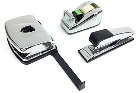 Chrom Schreibtisch Set Büro Locher Klebefilmrolle Tacker Heftgerät Metall