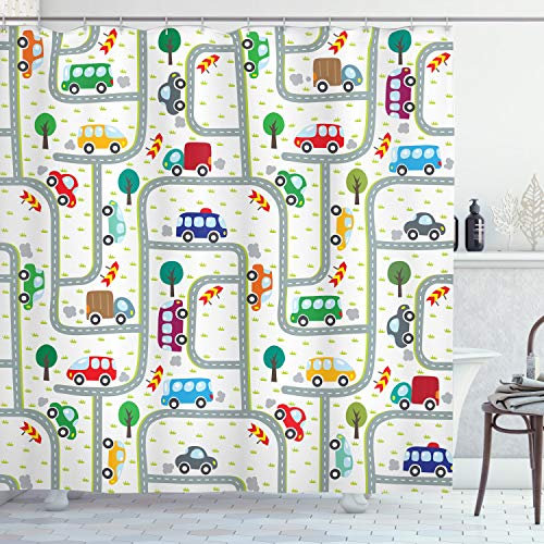 ABAKUHAUS Autos Duschvorhang, Kinder, die auf Verkehr, Stoffliches Gewebe Badezimmerdekorationsset mit Haken, 175 x 240 cm, Elfenbein Mehrfarbig