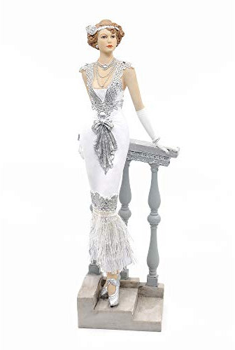 Comfy Hour Glamour Elegance Sammlerfigur im viktorianischen Stil, Stehende Dame, die sich an die Treppe lehnt, Handlauf, 33 cm hoch, silberfarben, Polyresin