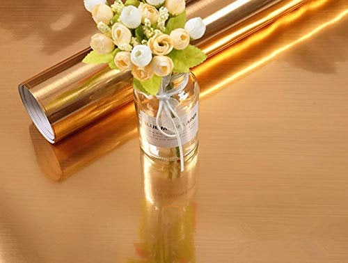 Película autoadhesiva de vinilo metálico cepillado brillante de 40 cm x 250 cm de oro brillante para papel pintado para cocina, lavavajillas, horno y nevera