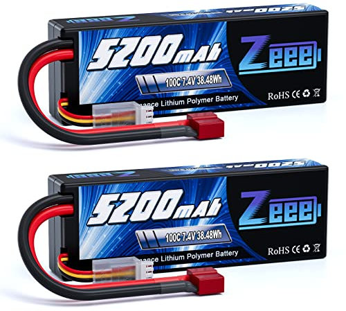 Zeee 2S LiPo Akku 7,4V 100C 5200mAh mit T Stecker Hardcase Batterie für RC Auto, RC Flugzeug, RC Hubschrauber, RC Hobby (2 Packungen)