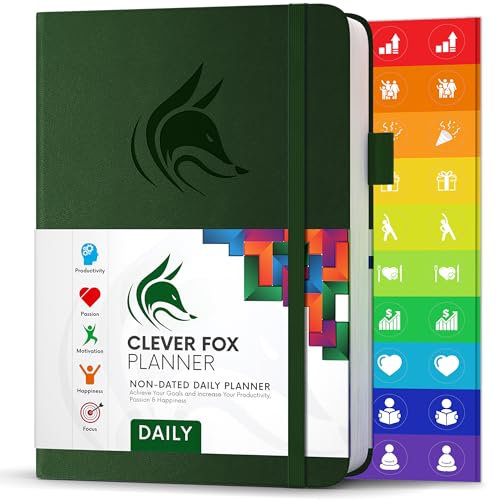 Clever Fox Tagesplaner - Bester Agenda & Tageskalender zur Steigerung deiner Produktivität, Zufriedenheit und Ziele - Persönlicher Tagesorganisator - A5, Undatiert - Waldgrün (Englisch)