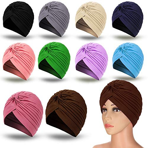 10 Stücke Strecken Polyester Turban Kopf Bennie Abdeckung Indiens Hut Turban Kopfbedeckung Verdrehte Plissee Kopfbedeckung für Frauen Mädchen, 10 Farben (Gemischte Farben)