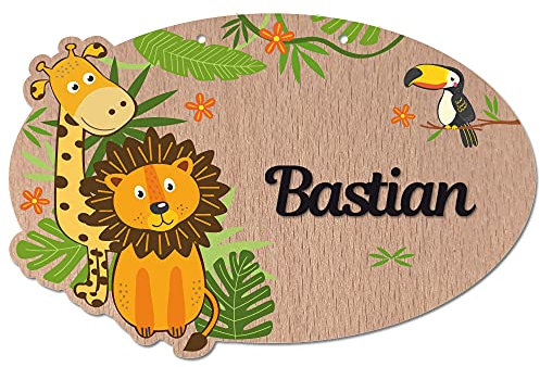 Plaque de Porte Jungle Personnalisée. Plaque Chambre Enfant. Plaque Bois Personnalisable Avec Prénom. Décoration Chambre Enfant Animaux Originale - 2 perçages en haut, Plexi Noir
