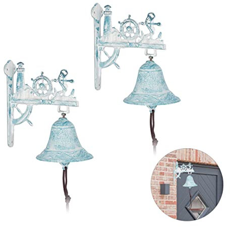 Relaxdays 2 Campanas de Pared Estilo Náutico, Faro, Timón, Ancla, Timbres con Cuerda, Rústico, Hierro Fundido, Blanco y Azul