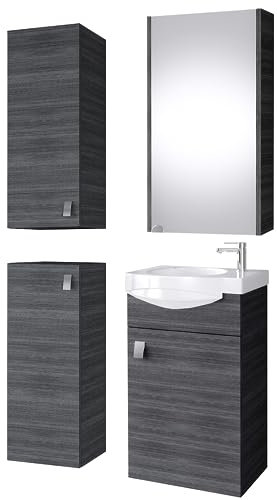 Planetmöbel Badmöbel Set Waschtisch mit Unterschrank 40 x 60 x 29 cm mit Spiegelschrank 40 cm, 2X Midischränke für Badezimmer, Gäste WC & Bad, Anthrazit